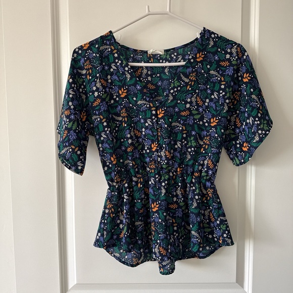Sienna Sky Tops - Sienna Sky Navy Floral Peplum Blouse with Green & Orange Accents